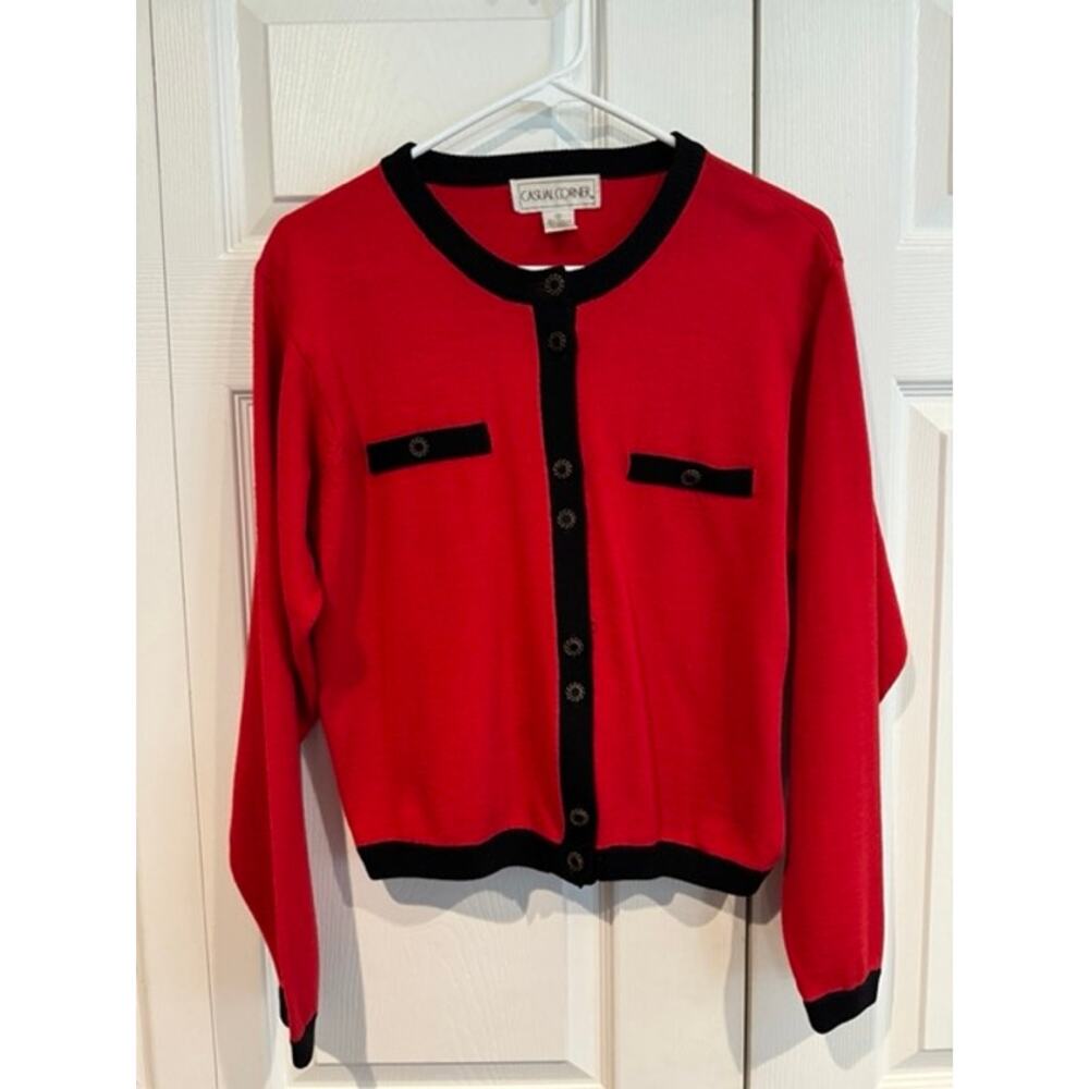 Vintage 90s Casual Corner Red Cardigan Sweater Black Trim Button Front Classic